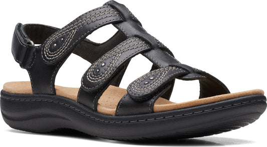 A black leather sandal with multiple adjustable straps and a low heel.