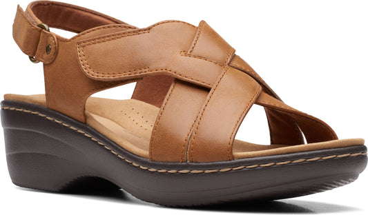 Tan leather sandal with adjustable ankle strap and woven straps over the foot.