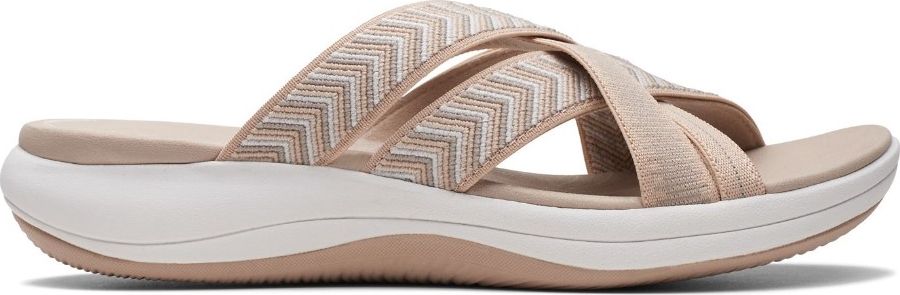 Slip-on sandals with crisscrossing straps and a thick sole.