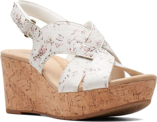 White floral crisscross strap platform wedge sandal with adjustable ankle strap