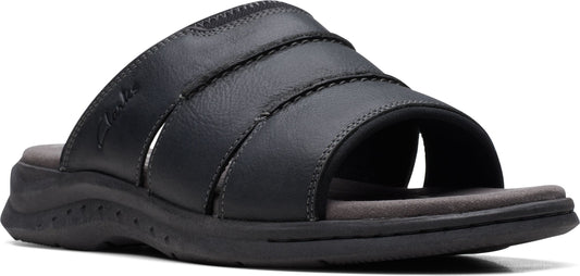 Black leather sandal with three wide straps.