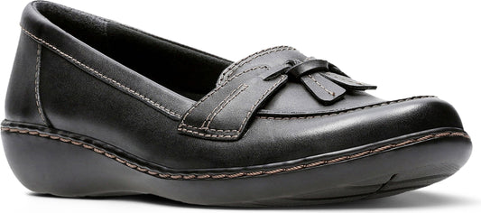 Black leather loafer with a low heel and decorative bow.