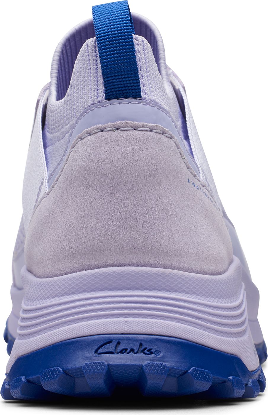 Rear view of lavender and blue shoe with visible 'Clarks' text on the blue heel.