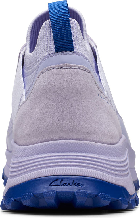 Rear view of lavender and blue shoe with visible 'Clarks' text on the blue heel.