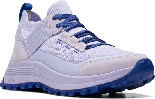 Lavender sneaker with blue laces and sole.