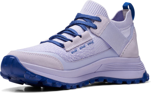 Lavender running shoe with blue laces and sole.