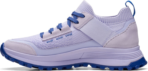 Lavender shoe with blue laces and sole.
