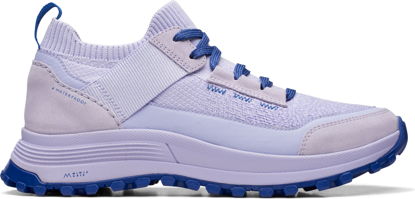 A light-purple women's sneaker with blue laces and sole.