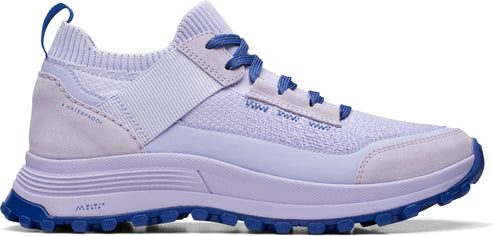 A light-purple women's sneaker with blue laces and sole.