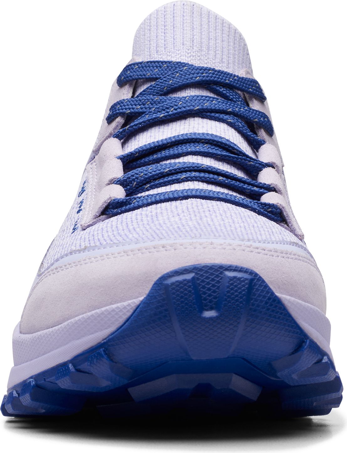 Front view of a purple and blue athletic shoe with blue laces.