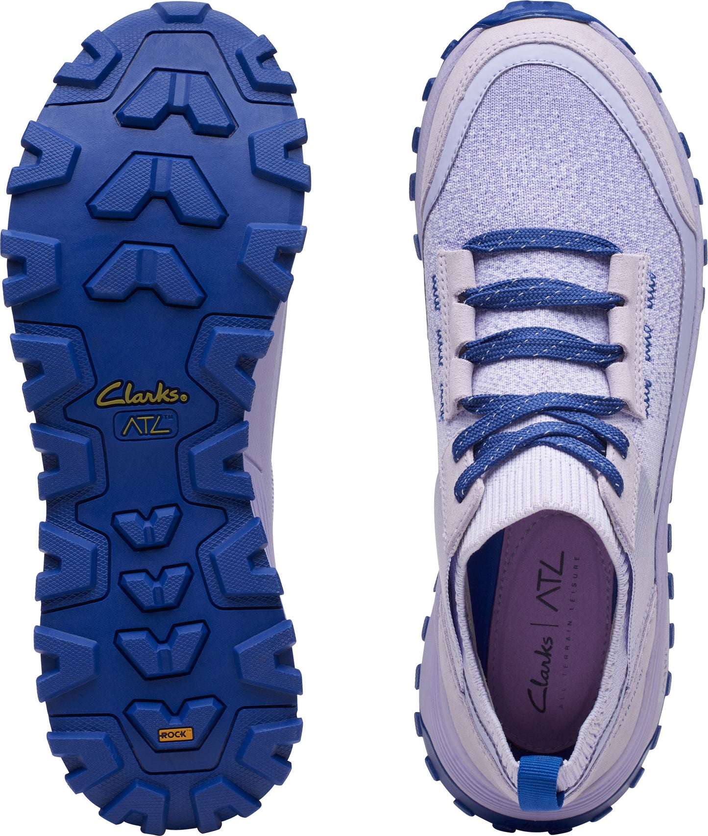 The bottom view shows the lug pattern in blue color. The top view shows the laces in blue color and the label says Clarks ATL.