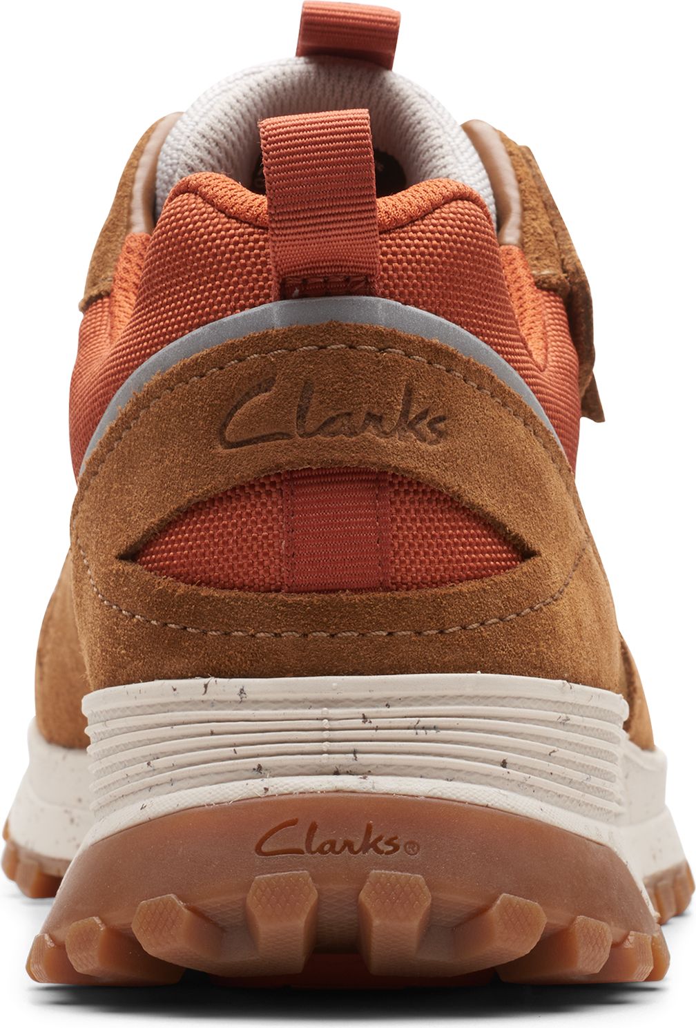 Rear view of tan suede shoe with rust-colored fabric accents and white midsole with tan tread.