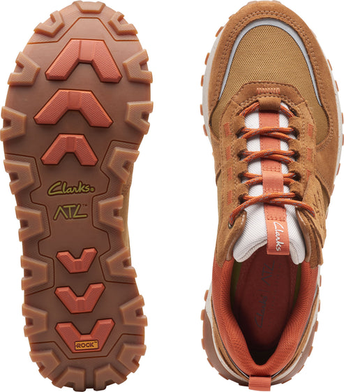 Tan hiking shoe, shown from sole with brown tread and from top with brown laces, white padding and ATL visible on the bottom.