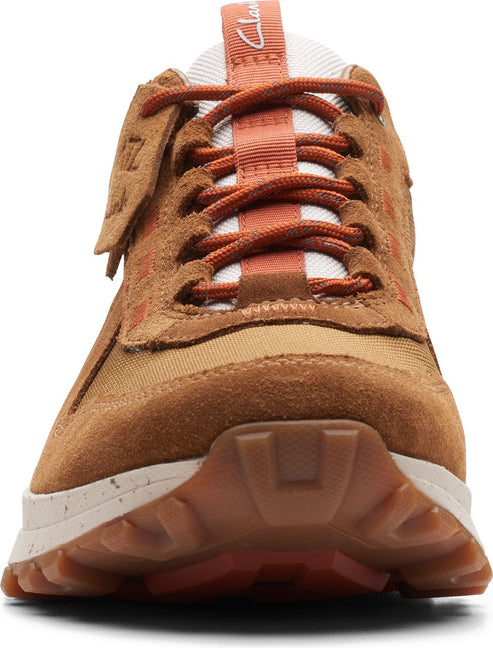 Tan suede hiking shoe with white laces and orange accents.