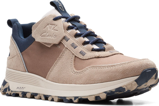Tan and brown trail running shoe with suede accents, navy blue heel and laces, a pull tab, and a thick textured white and blue sole.