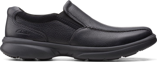 A black leather slip-on shoe.