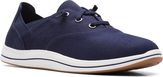 A low-profile navy blue sneaker with white midsoles and brown outsoles.