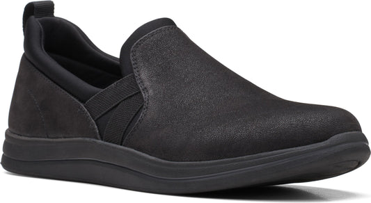 Black slip-on shoe with elastic side detail and flat sole.