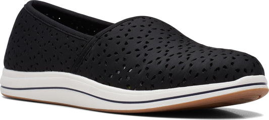 Black slip-on shoe with patterned perforations, on a white and tan sole.