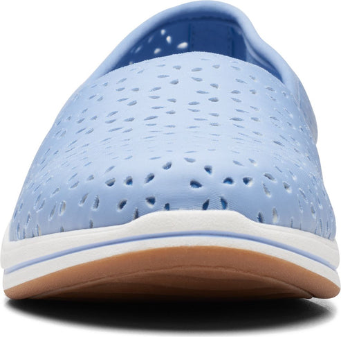 Light blue slip-on shoe with perforated pattern and brown sole.