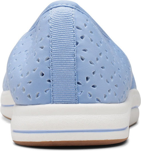 Light blue slip-on shoe with laser cut design, white midsole, and brown outsole, back view.