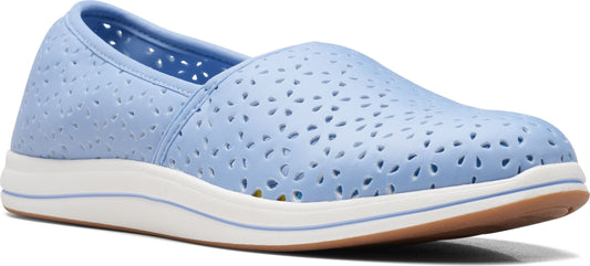 A light blue slip-on shoe with a white sole and small cutouts.