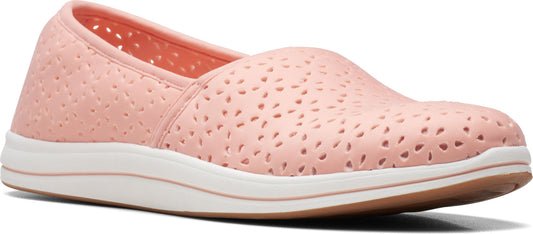 Slip-on shoe in light pink with small cutouts, featuring a white midsole and tan outsole.