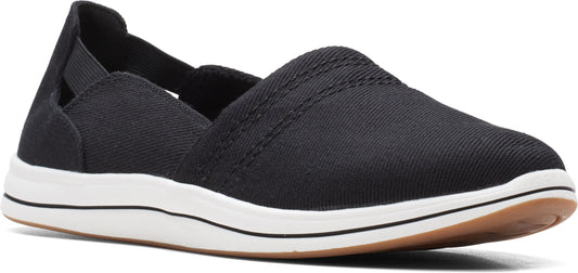 Black slip-on shoe with white sole.