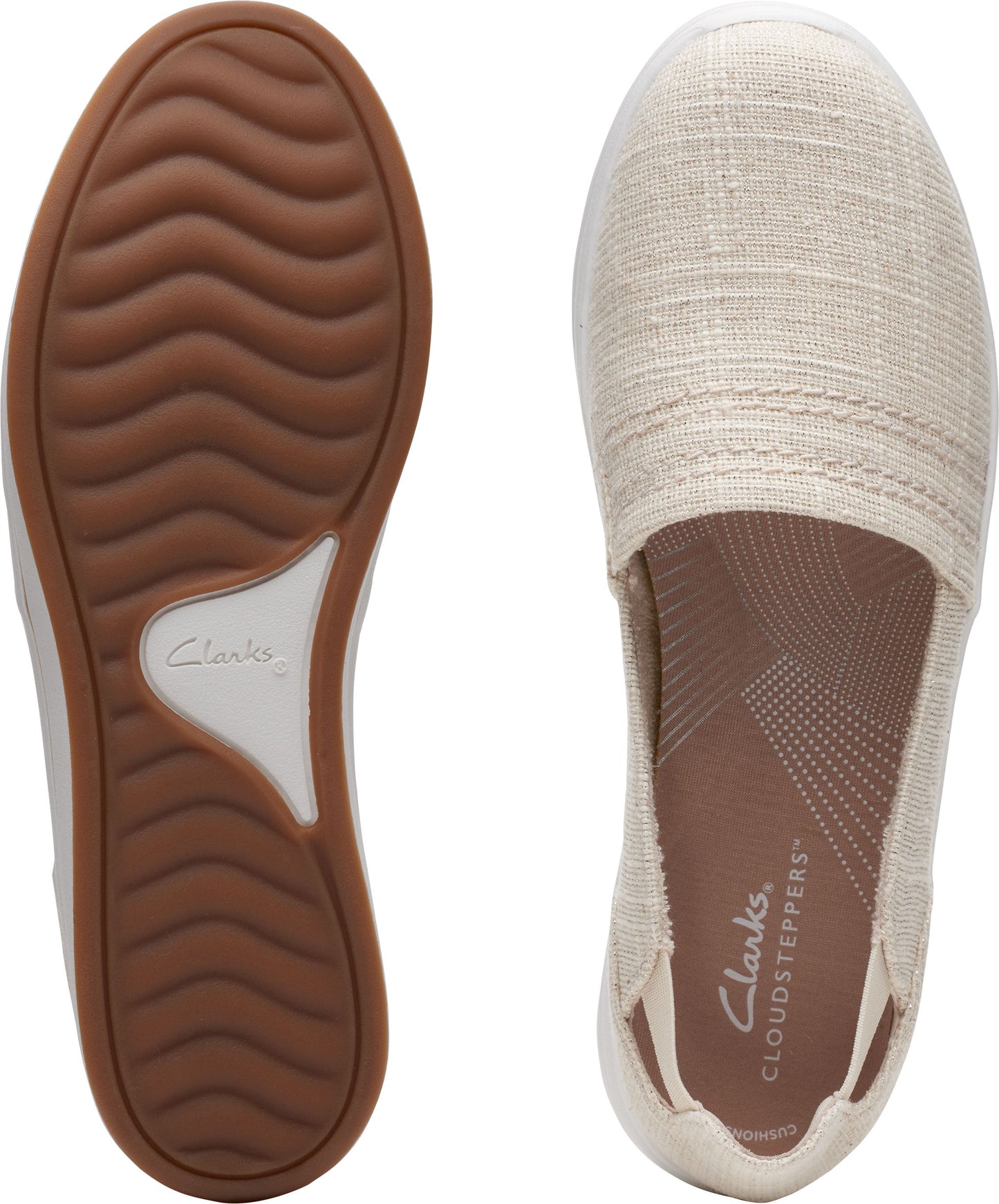 Beige slip-on shoes: one shoe's outsole shows wavy brown rubber with a white logo; the other shoe's insole reads CLARKS CLOUDSTEPPERS.