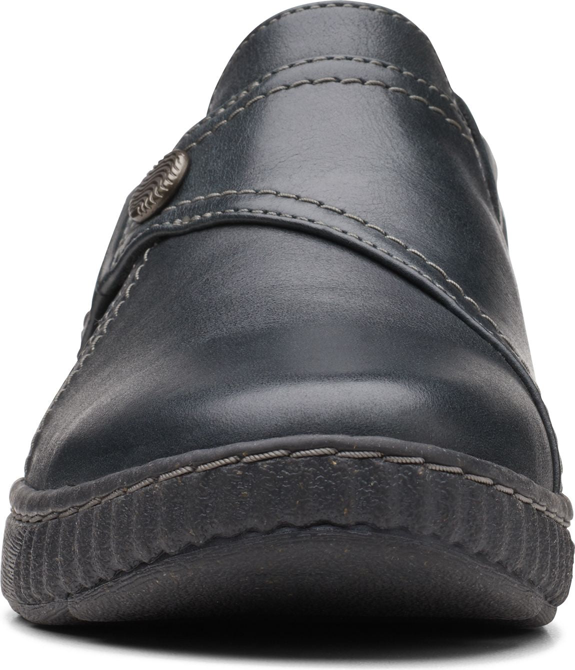 Navy slip-on leather shoe with decorative button.