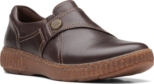 Dark brown leather slip-on shoe with a round decorative button.