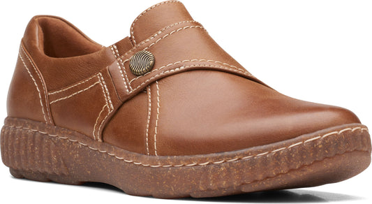 Brown leather loafer with decorative stitching and button accent.