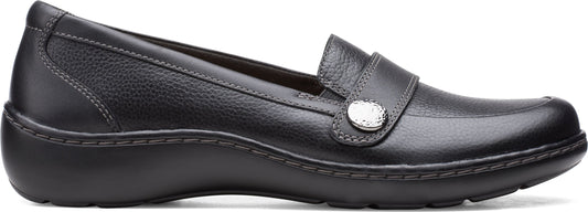 A black loafer with a decorative button on the vamp.