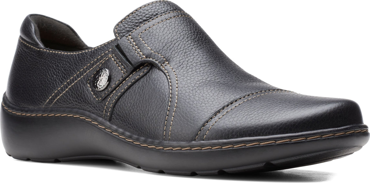 A black leather shoe with a slip-on style and a low heel.