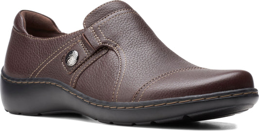 Dark brown leather slip-on shoe with round toe and decorative button.
