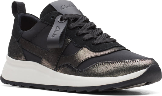 Black running shoe with white sole and black laces.