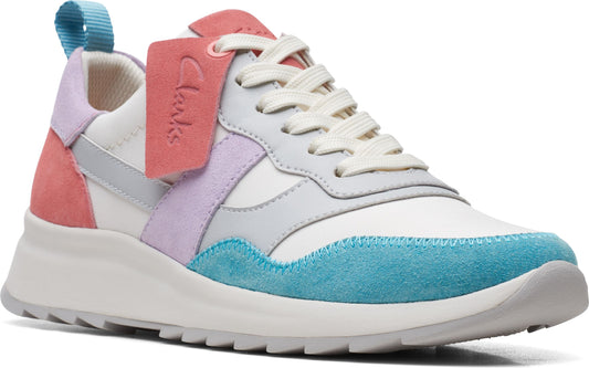 Colorful leather athletic shoe with white laces and a white sole; the tag says "Clarks".
