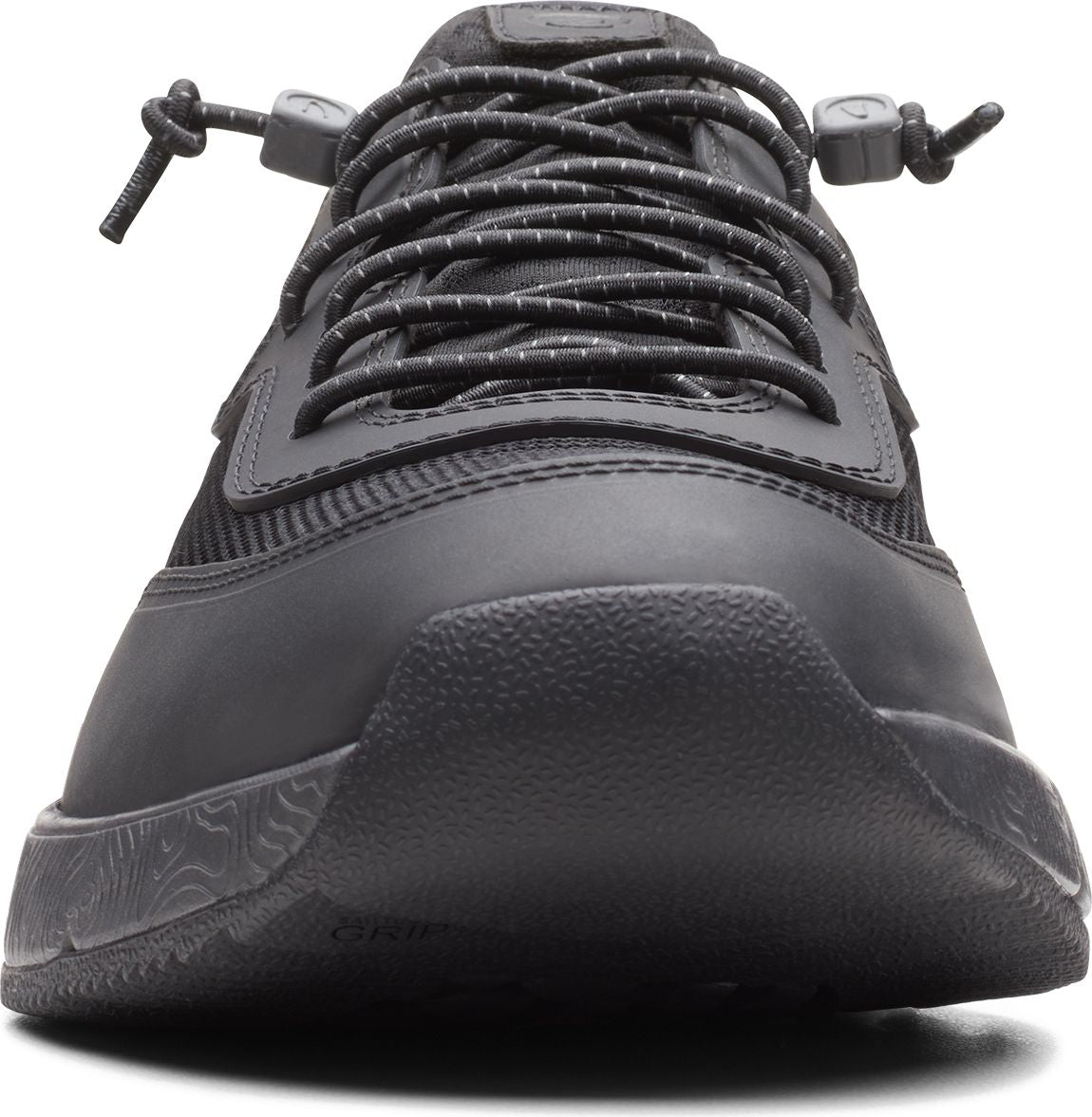 Front view of black shoe with patterned sole and lace.