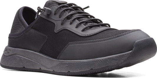 A black athletic shoe with a mesh upper and decorative sole.