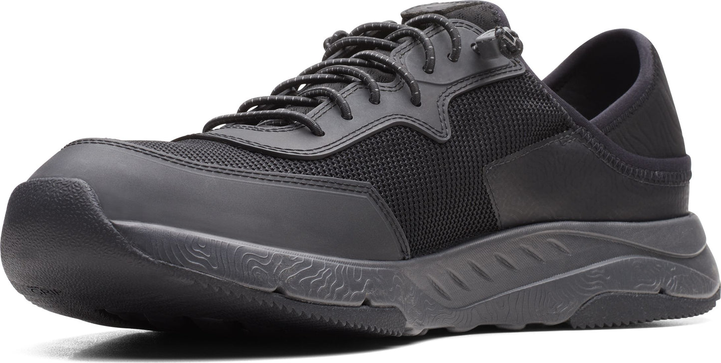 A black athletic shoe featuring a lace-up closure, a mesh section and a thick sole.
