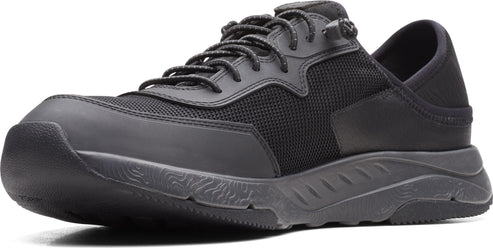 A black athletic shoe featuring a lace-up closure, a mesh section and a thick sole.