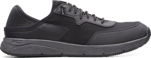 A black sneaker with black laces.