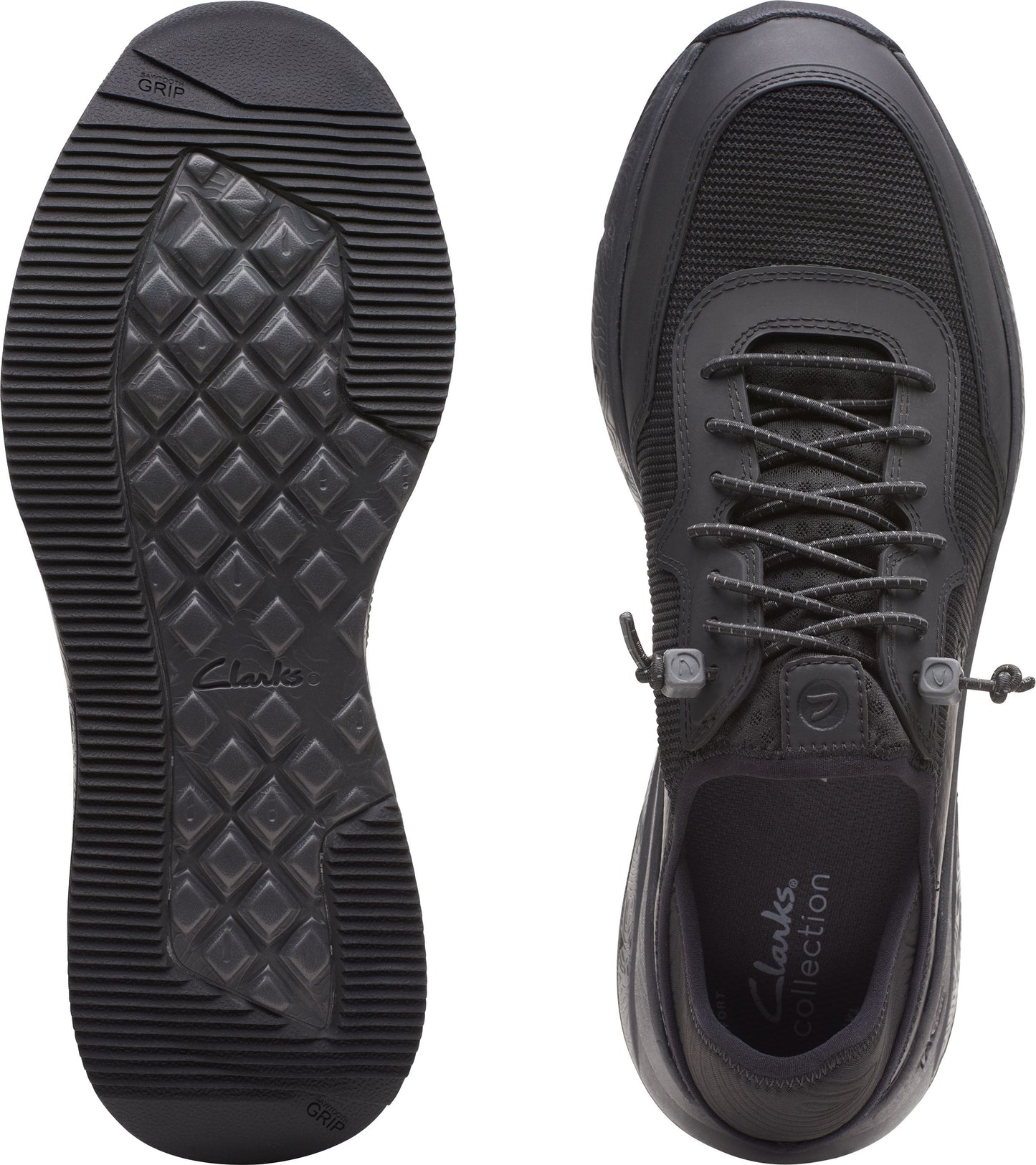 Black shoe with black laces, and diamond pattern black sole.