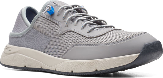 A gray walking shoe with gray laces, a gray net material around the toes, and a thick, light-colored sole.