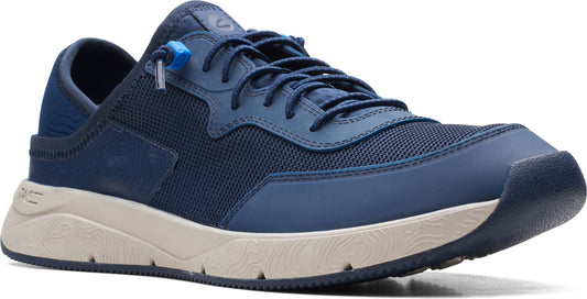 A low-rise, lace-up athletic shoe with a blue upper and a textured, cream-colored sole.