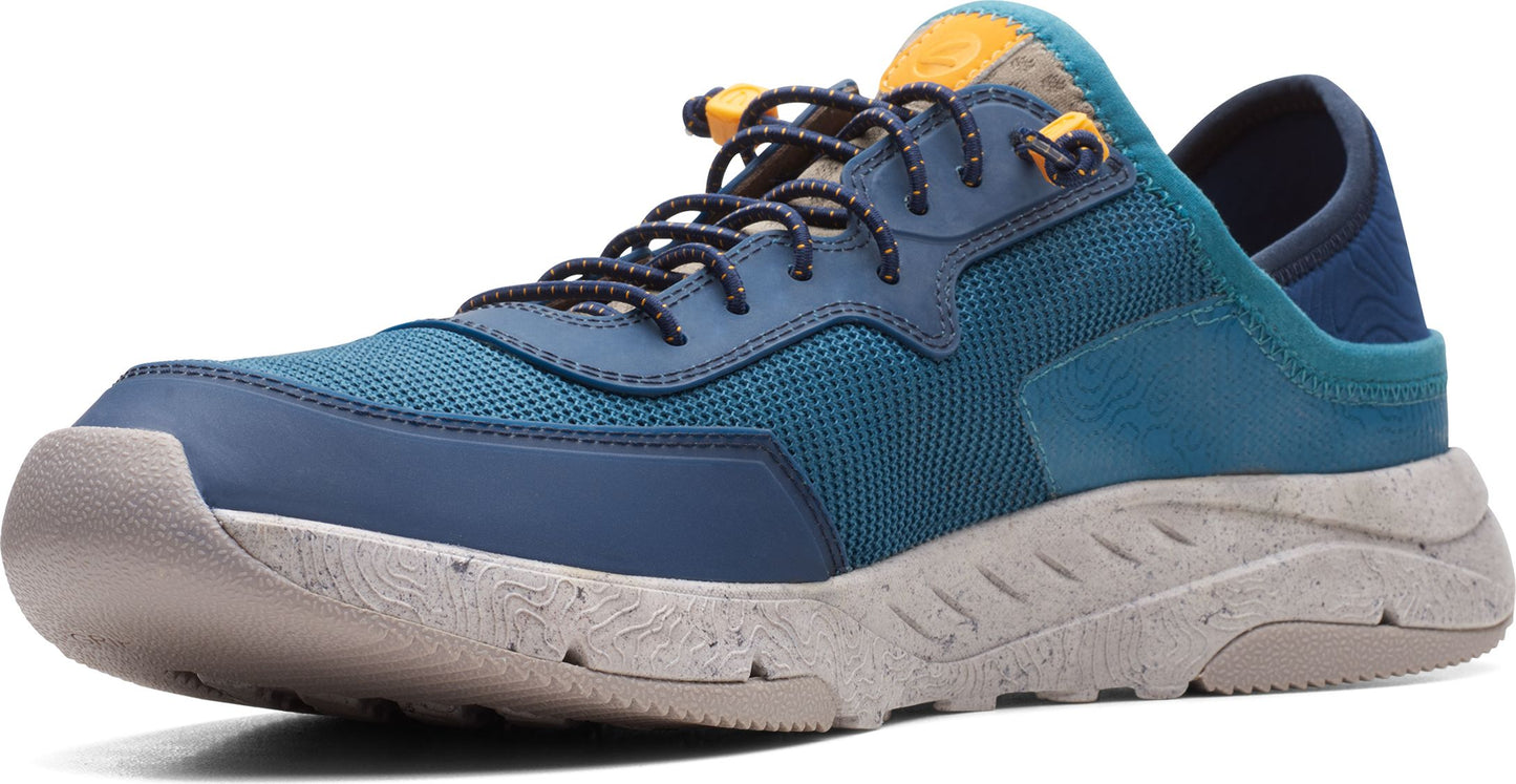Blue and teal sneaker with laces and white sole.