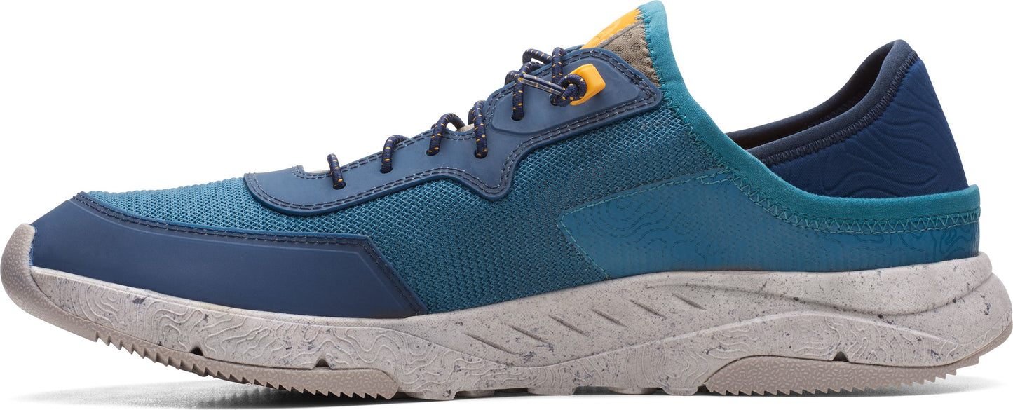 Low-cut blue running shoe with gray outsole and laces.