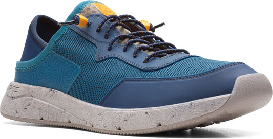 A blue and teal athletic shoe with a speckled sole and patterned laces.