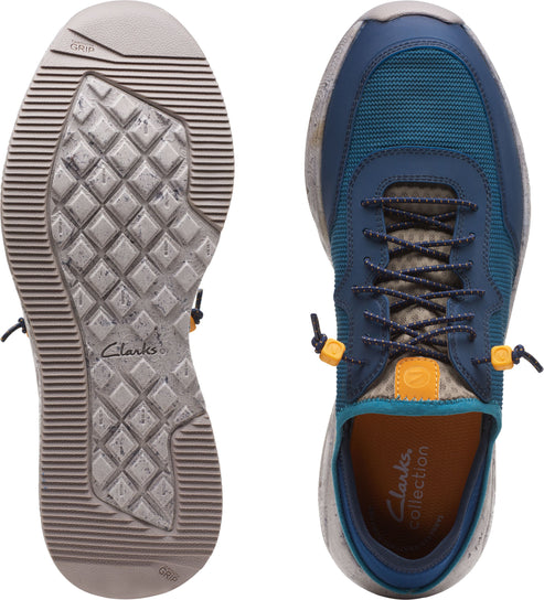 Top and bottom view of blue and grey shoes showing lace-up closure, rubber sole and cushioned insole.
