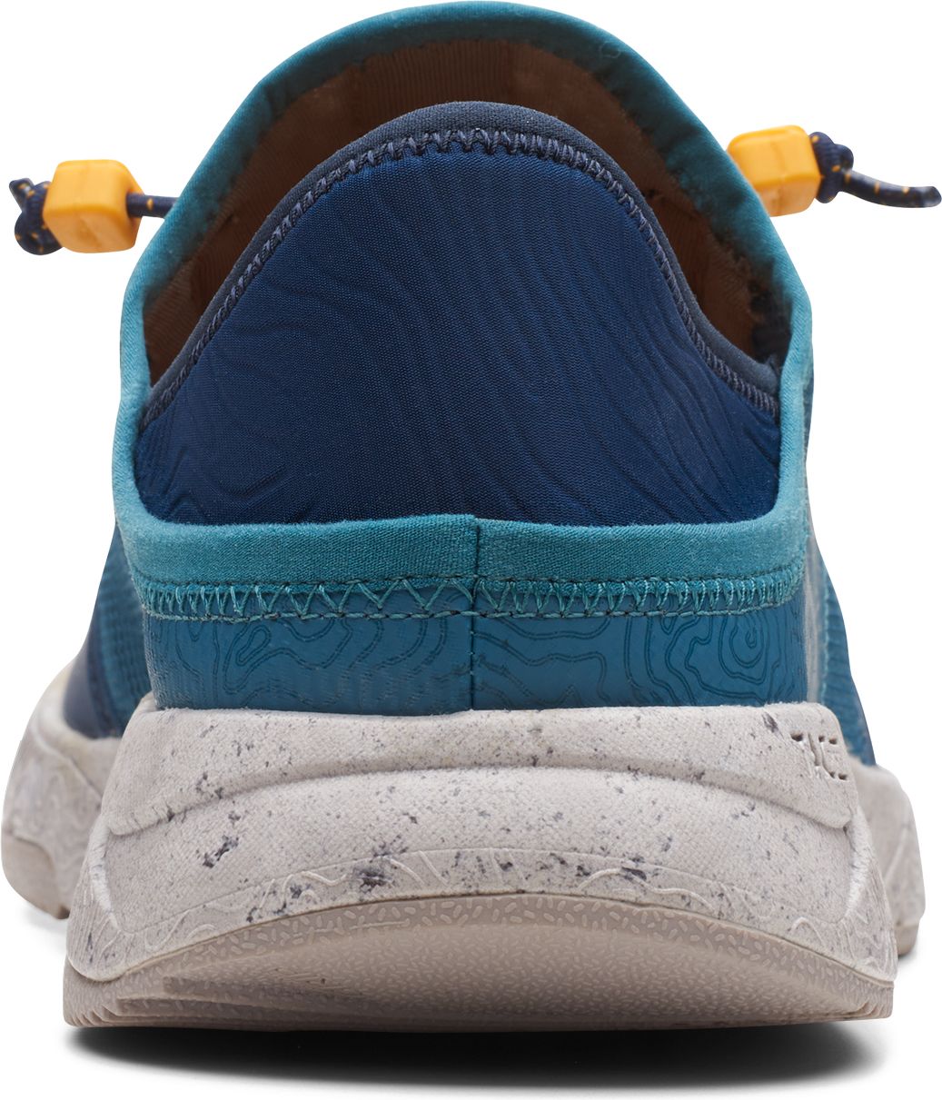 Blue shoe with topographical pattern, toggle lacing, and speckled white midsole, rear view.